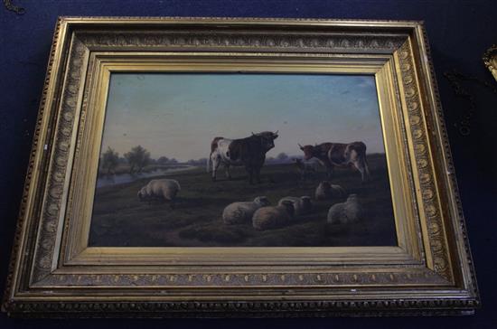 Charles Jones (1836-1892) Cattle and sheep in a river landscape 20 x 30in.